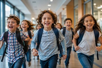 Obraz premium Happy Schoolchildren Running Through Bright School Hallway Between Classes