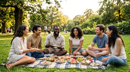 Fototapeta premium Multicultural Friends Sharing Food and Conversation at a Sunny Park Picnic