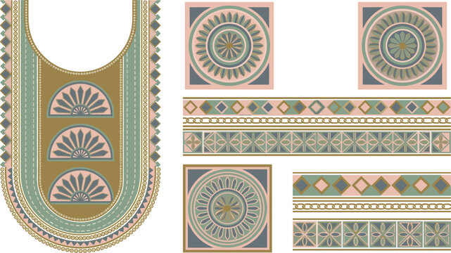 Traditional Ethnic Embroidery Neckline and Border Vector Set with Geometric Mandala Patterns for Kurti Salwar Kameez Kaftan and Luxury Fashion Textile Designs
