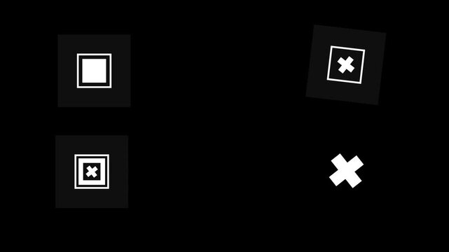 Animated target point icons pack featuring monochrome HUD elements like blinking crosshair circles, squares, and plus symbols on a transparent alpha channel background loop
