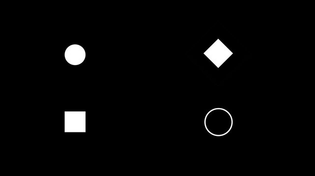 Animated target point icons pack featuring monochrome HUD elements like blinking crosshair circles, squares, and plus symbols on a transparent alpha channel background loop