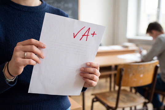 Holding exam paper displaying grade A plus
