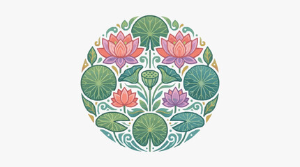 Colorful lotus and lily pad circular floral design. © Ramdani