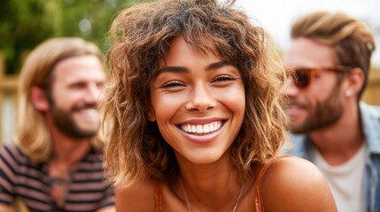 Fototapeta premium Happy woman smiling with friends outdoors