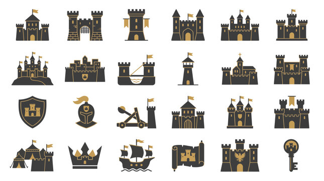 Set of medieval castle icons and kingdom elements featuring fortress towers and ancient royal symbols on white background, symbolizing historical branding, illustrating gaming map assets