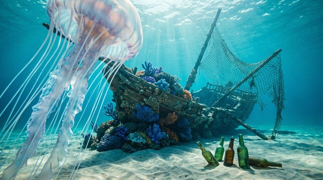 Underwater scene with jellyfish and shipwreck surrounded by coral reef