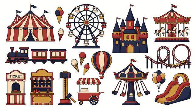 Amusement park icons set including carnival tent ferris wheel castle carousel roller coaster train and game booths, representing funfair leisure and symbolizes nostalgic theme park entertainment
