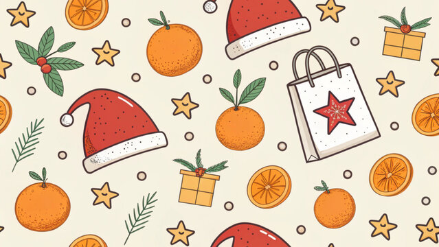 Christmas, holiday, winter, pattern, seamless, ornaments, gift, shopping, Santa hat, oranges, festive, decoration, wrapping, gift bag, vector