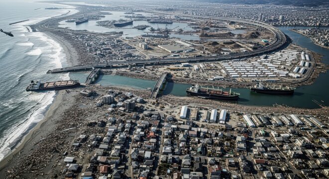 Aerial View of Coastal City Devastated by Tsunami, Showing Widespread Destruction and Early Stages of Recovery Efforts