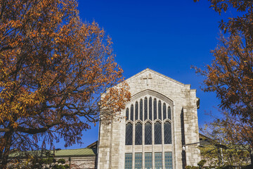 Obraz premium Gothic stone church building in autumn season