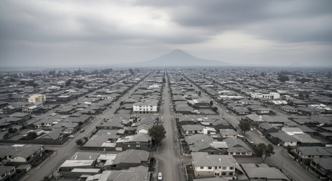 Aerial view of densely packed residential suburbia with a distant mountain under an overcast sky