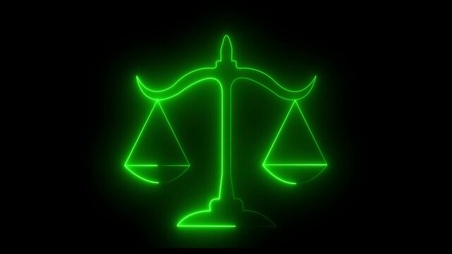 Digital justice scales glowing neon green in dark background. Futuristic balance symbol for law, fairness, and equality in high-tech design.