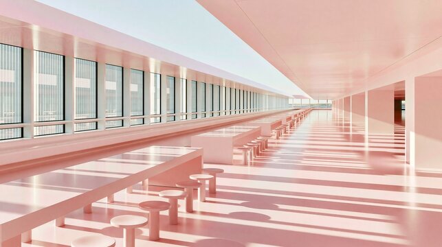 Bright minimalist symmetrical modern all pink long dining hall interior with large vertical windows and natural sunlight shows contemporary monochromatic architectural design