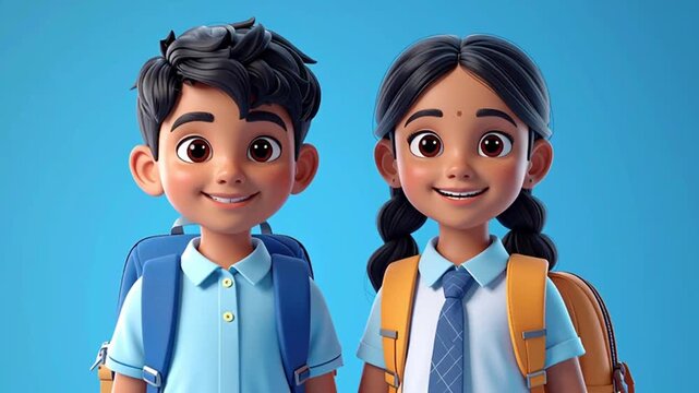 Two smiling children with backpacks standing side by side in school uniforms