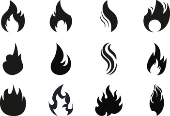 Naklejka premium Set of twelve black fire flame icons representing heat and energy in simple style