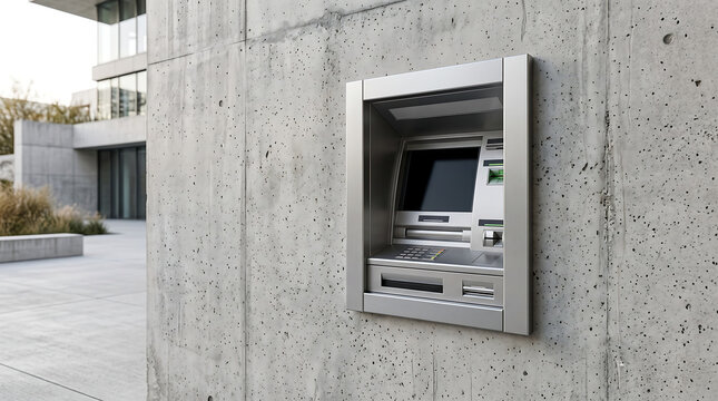 ATM automated teller machine built into concrete wall outside modern building