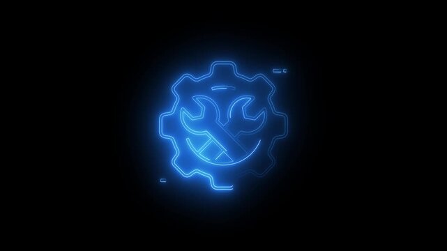 blue neon gear and crossed wrenches icon on black background for maintenance and repair concept .blue neon gear and crossed wrenches icon on black background for maintenance and repair concept.

