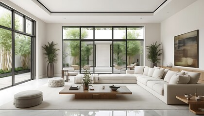 Fototapeta premium Contemporary zen-inspired living room with low-profile linen furniture and light oak accents