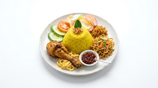 A plate of Nasi Padang with rendang and various side dishes on a table