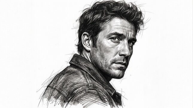 Intense Black and White Sketch of a Man with Curly Hair Looking Back.