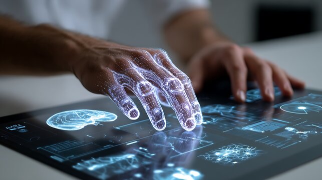 A close-up of hands using virtual reality tools to analyze patient data