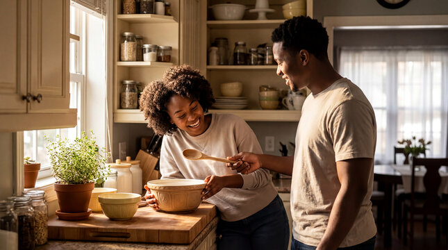 Two Black Roommates Passing Wooden Spoon Over Mixing Bowl in Sunlit Home Kitchen Business Banner