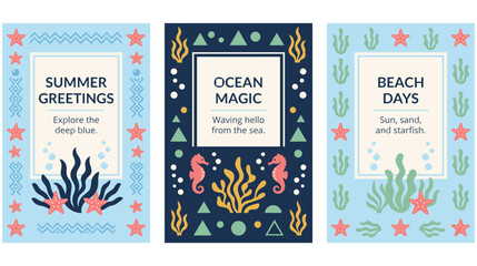 Three beach and ocean themed summer greeting cards with marine life. © MDTAZBIRHOSSAIN