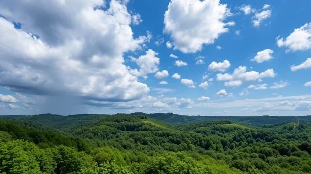 Aerial view of a serene landscape with lush green forest and hills under a blue sky with white clouds on a sunny day.