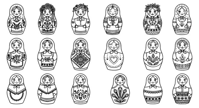 Cute Hand Drawn Matryoshka Doll Outline Icon Pack Black and White Traditional Toy Vector Collection