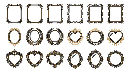 Fototapeta premium Set of vintage golden and black ornate frames with rectangular oval and heart shapes on white background, symbolizing luxury wedding invitation decor and illustrating elegant portrait borders