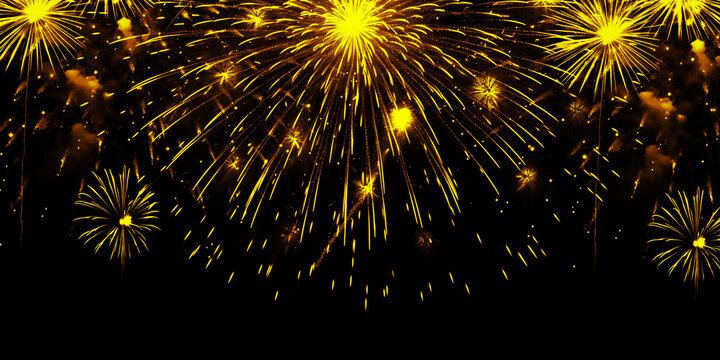 Golden Fireworks Celebration Background With Bright Light Bursts