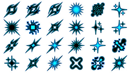 Fototapeta premium Set of futuristic blue cyber icons and Y2K aesthetic star shapes isolated on white background, representing modern digital graphic design elements and tech branding assets