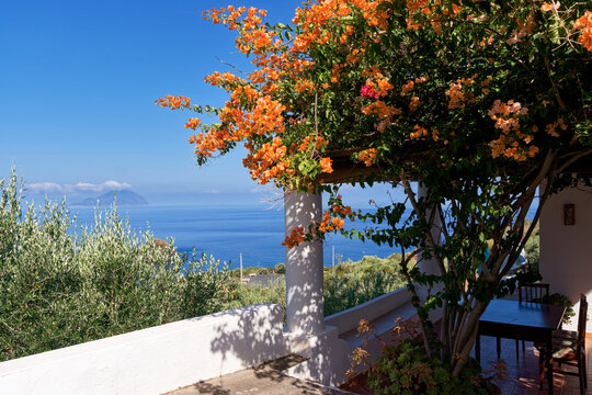 Mediterranean terrace with blooming bougainvillea in Salina island, view to Filicudi, Aeolian archipelago, Italy