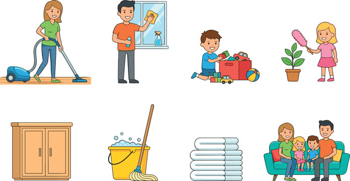 Happy Family Home Cleaning Character Set with Parents and Kids Vacuuming, Washing Windows, Dusting Plants, and Tidying Toys Vector Illustration