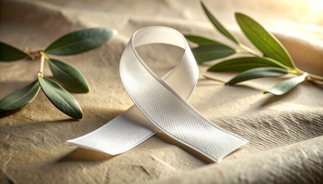 International Day of Peace greeting card template showing white satin loop and fresh olive twig