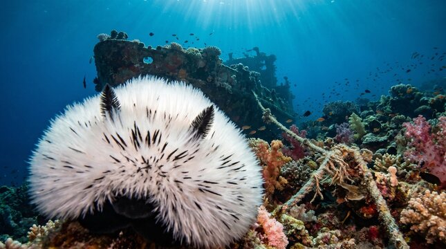 Spiky sea cucumber on vibrant coral reef under sunlight