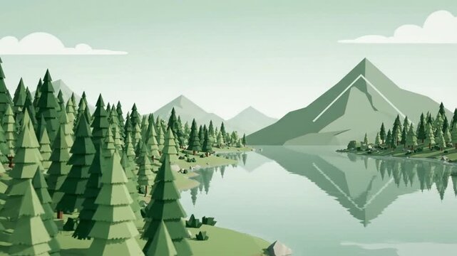Scandinavian inspired vector landscape with evergreen forest, calm lake, simple mountains, muted green palette, clean minimal aesthetic, Nordic design, flat illustration, editable vector