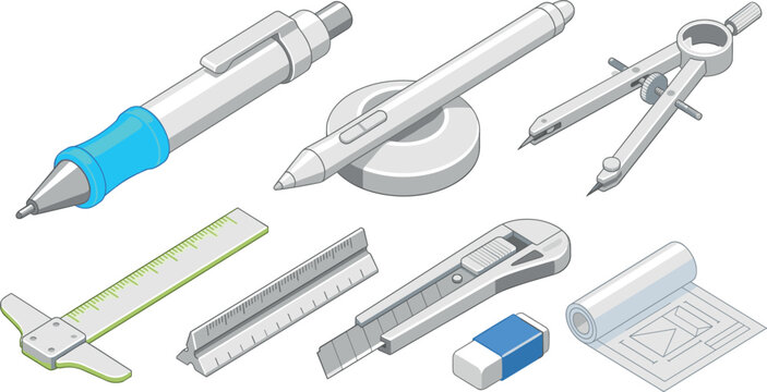 Isometric Architect and Designer Tool Set Featuring Mechanical Pen, Drawing Compass, Rulers, Stationery Knife, Eraser, and Blueprint Roll Vector Illustration