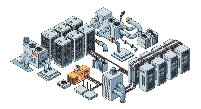 Isometric illustration of a modern data center with servers and networking equipment.