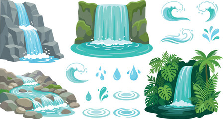 aterfall, Jungle Stream, and Water Splashes Vector Icon Set with Rocky Cascades, Tropical Palms, Waves, and Raindrop Elements for Nature Designs © Najir