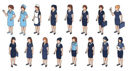 Obraz premium Diverse collection of isometric women figures dressed in various professional service uniforms like nurse and pilot.
