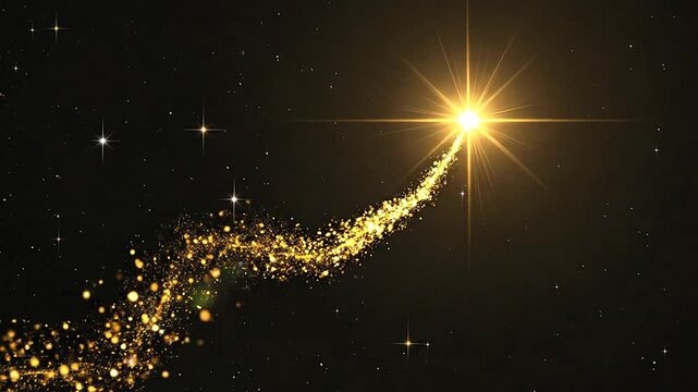 A bright golden star shines in the dark night sky with a trail of glowing particles