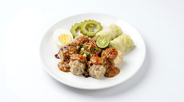A plate of Siomay Bandung with vegetables and sauce on a white table