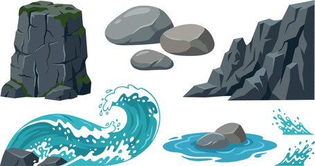 Cartoon Nature Element Set Featuring Grey Rocks, Cliffs, Smooth Pebbles, and Blue Ocean Water Splashes for Game Design and Landscape Illustration © Najir