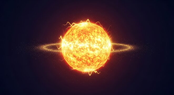 A radiant sphere of golden light floats gracefully amidst shimmering dust particles and warm cosmic energy within a dark ethereal void, dark, floating, nebula