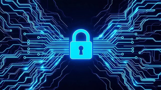 Blue glowing padlock with circuit lines