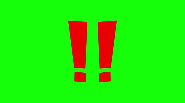 Two red exclamation marks popping up and vibrating on green screen background. Attention and warning concept sign