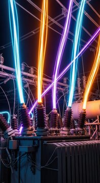 Abstract view of massive electrical currents flowing through industrial transformer machinery, symbolizing global energy transmission and utility power, abstract, core, flow