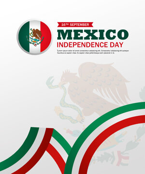 16 September 2026 - Modern Mexico Independence Day 216th Anniversary ( Dia De La Independencia de Mexico ) Vertical Greeting Banner with Flag Badge and Patriotic National Colors Ribbon. 