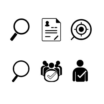 Job search icons set with six minimal black and white vector icons arranged in a 3x2 grid featuring magnifying glass, person, target, checkmark with CV document and group icons